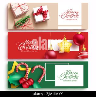 Weihnachten Vektor Hintergrund Set Design. Frohe weihnachten Gruß Textkollektion mit Geschenk, Weihnachtskugel und Zuckerrohr Elemente für die Weihnachtszeit. Stock Vektor