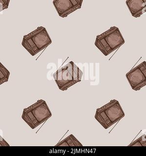 Retro-Fernseher mit gravierten nahtlosen Mustern. Vintage-Fernseher mit Antenne im handgezeichneten Stil. Skizzenstruktur für Stoff, Tapete, Textil, Druck, Titel, Stock Vektor