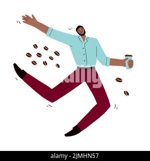 Junger glücklicher Mann mit Coffee-to-go-Tasse-Konzept. Cartoon afro amerikanischen Jungen fröhlich läuft, um Postkarte zu arbeiten. Symbol „Guten Morgen“. Bürocharakter Stock Vektor