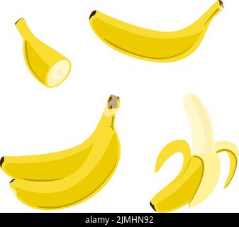 Vector Bananenset in flacher Ausführung. Cartoon-Illustration von einzelnen, geschälten Früchten und einem Haufen Bananen. Stock Vektor