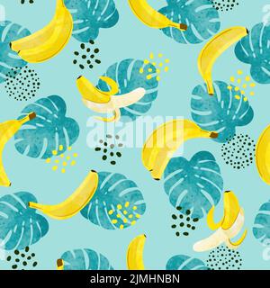 Nahtloses Bananenmuster mit tropischen Blättern und Früchten. Vektorgrafik. Stock Vektor