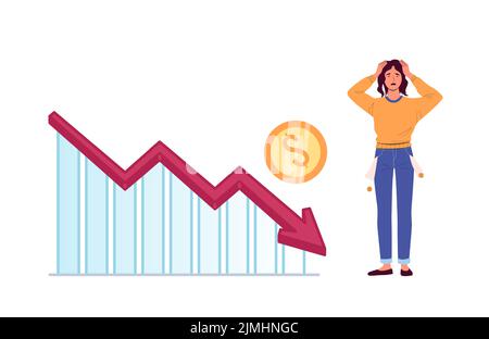 Finanzkrise. Depressive Frau, die den Markierungsmarker fallen sieht. Firmenbankrott oder Budgetrezession Konzept. Chart mit fallendem Pfeil, der die Konjunktur zeigt Stock Vektor