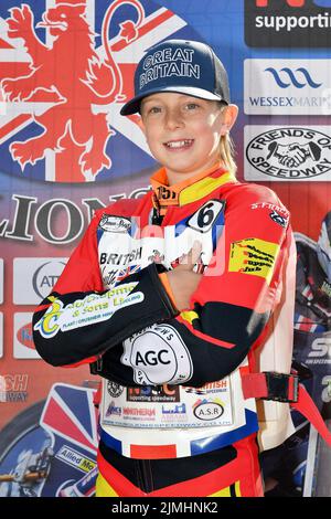 MANCHESTER, GROSSBRITANNIEN. AUGUST 5. Seth Norman während des Treffens der British Youth Championship Round 5 im National Speedway Stadium, Manchester, am Freitag, den 5.. August 2022. (Kredit: Eddie Garvey | MI Nachrichten) Kredit: MI Nachrichten & Sport /Alamy Live Nachrichten Stockfoto