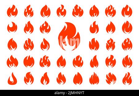 Feuerflammen setzen Vektorsymbole. Rotes heißes Lagerfeuer, Lagerfeuer, Hitze-Lauffeuer, Feuerball-Symbol. Vektordarstellung isoliert Stock Vektor