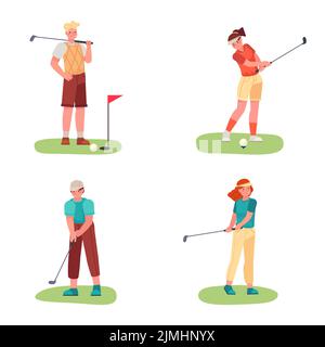 Golf spielen. Weibliche und männliche Charaktere trainieren mit Golfschlägern, schlagen Ball. Spieler, die Sport auf grünem Rasen treiben. Menschen, die ein aktives Hobby haben. Out Stock Vektor