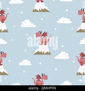 Nahtlose Cartoon Drachen Muster. Vektorgrafik für Kinder. Babydruck. Stock Vektor