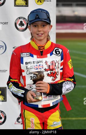 MANCHESTER, GROSSBRITANNIEN. AUGUST 5. Seth Norman während des Treffens der British Youth Championship Round 5 im National Speedway Stadium, Manchester, am Freitag, den 5.. August 2022. (Kredit: Eddie Garvey | MI Nachrichten) Kredit: MI Nachrichten & Sport /Alamy Live Nachrichten Stockfoto