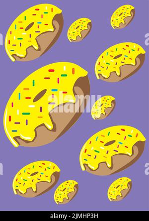 Wiederholendes Muster von gelben Donuts, die vom Himmel fallen, mit farbigen Streuseln auf einem violetten Hintergrund Stock Vektor