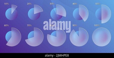 Glas-Morphismus-Effekt. Satz von transparentem mattiertem Acryl Infografik Prozent. Blauer Farbverlauf auf violettem Hintergrund. Realistisch Stock Vektor