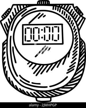 Digitale Stoppuhr wurde isoliert skizziert. Zeitschaltuhr im handgezeichneten Stil. Gravierte Gestaltung für Poster, Marketing, Print, Buchillustration, Logo, Symbol, Tattoo. V Stock Vektor