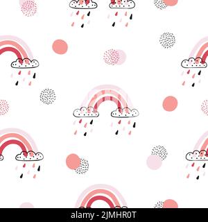 Nahtloses Baby-Muster mit handgezeichneten Regenbögen. Vektorgrafik. Stock Vektor