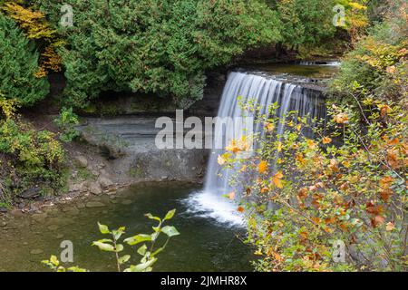 Die Bridal Veil Falls auf der MANITOULIN Island in Ontario, 35 Meter hoch, stürzen sich in einen natürlichen Swimmingpool, der im Sommer bei den Einheimischen beliebt ist. Stockfoto