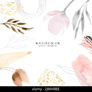 Aquarell abstraktes Hintergrunddesign mit Geometri-Formen und floralen Elementen, Blotch und Goldlinien-Kunst Stock Vektor