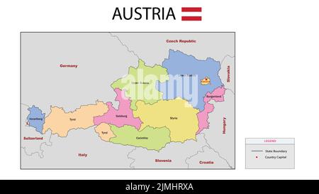 Österreich-Karte. Bunte Österreich Karte mit Namen und Grenzen der Nachbarländer. Stock Vektor