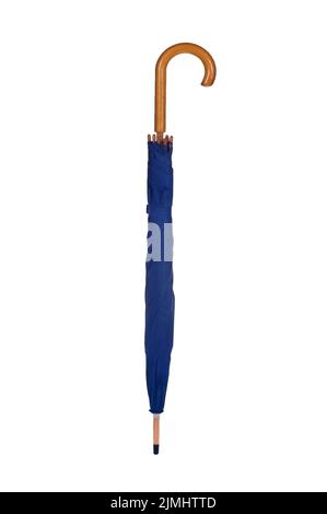 Geschlossener blauer Regenschirm isoliert auf weißem Hintergrund Stockfoto