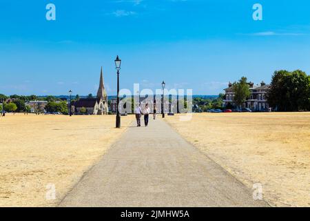 6. August 2022 - London, Großbritannien - ausgetrocknetes Grasland in Blackheath nach einer Reihe von Hitzewellen und Rekordtemperaturen in der Stadt Stockfoto