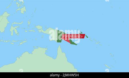 Karte von Papua-Neuguinea mit Anstecknadel der Landeshauptstadt. Papua-Neuguinea Karte mit Nachbarländern in grüner Farbe. Stock Vektor