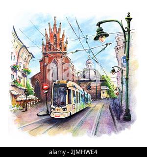 Aquarell-Skizze der Straßenbahn in der Nähe der Dreifaltigkeitskirche, Krakau, Polen Stockfoto