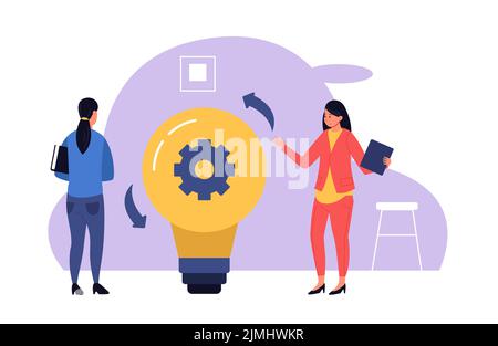 Geschäftsleute, die neue Ideen entwickeln. Weibliche Charaktere Brainstorming im Team, Arbeiterinnen diskutieren über Projekt- oder Startup-Launch. Mitarbeiter mit cr Stock Vektor