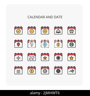Eine Reihe von farbenfrohen Kalender- und Datumssymbolen mit weißem Hintergrund Stock Vektor