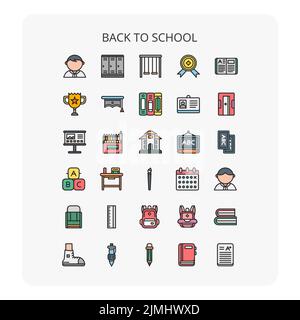 Ein farbenfrohes Set von „Back to School“-Symbolen mit weißem Hintergrund Stock Vektor