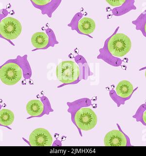 Nahtlose Vektor-Muster mit Aquarell niedlichen Cartoon Schnecke und Kiwi Frucht. Stock Vektor