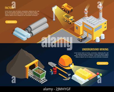 Mining horizontale Banner mit unterirdischen Bergbau Symbole isometrisch isoliert gesetzt vektorgrafik Stock Vektor