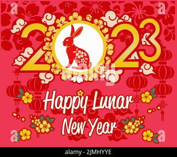 Chinesisches Neujahr, Jahr des Hasen, glückliches neues Jahr 2023, Sternzeichen für Grußkarte, Einladung, Poster, Broschüre, Kalender, Flyer, Banner. Stock Vektor