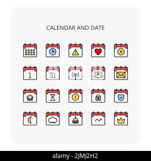 Eine Reihe von farbenfrohen Kalender- und Datumssymbolen mit weißem Hintergrund Stock Vektor