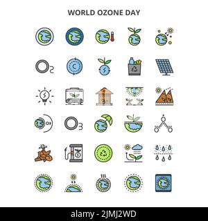 Eine Reihe von farbenfrohen Symbolen für den Welt-Ozon-Tag, isoliert auf weißem Hintergrund Stock Vektor