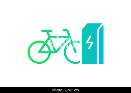 Symbol für das Aufladen von Elektrofahrrädern in der Ladestation. Grünes Gradientensymbol für die Energieladung von Elektrofahrrädern. Umweltfreundliche Elektro-Zyklus aufladen Zeichen. Vector eps batteriebetriebener E-Bike-Transport Stock Vektor