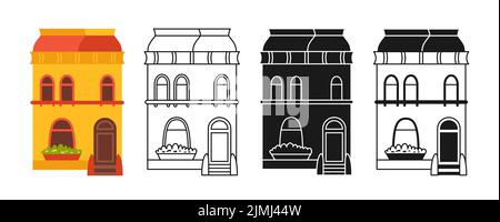 Haus vorne flach Cartoon oder gravierte Tintenstempel oder lineare Doodle Design-Set. Urban Loft Fassade, kleine und kleine Häuser. Moderne, gemütliche Gebäude. Wohn-Gehöft, Ferienhaus oder Villa Wohnung Stock Vektor