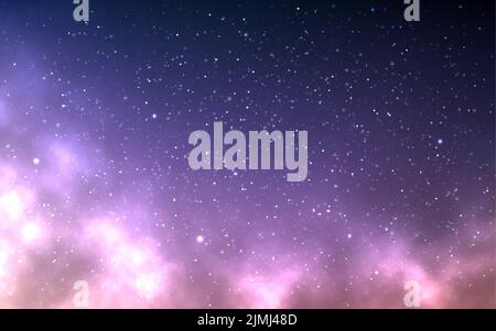 Der Nachthimmel ist wolkenlos. Romantischer Sternenhintergrund. Realistischer Farbnebel mit Sternen. Cosmic Poster-Vorlage. Magische blaue Tapete. Fantasy Abend cl Stock Vektor