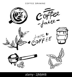 Ein Vektor-Design-Symbol einer Kaffeemaschine Hand, Kaffeetasse, Bohnen, Blätter, mit Text Liebe Kaffee mit Kaffee Zeichnung Text auf weißem Hintergrund Stock Vektor