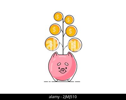 Geldbaum-Ikone mit Dollar-Münzen, die aus einer Vase in Form eines Sparschweines wachsen.Vektor-flache Illustration isoliert auf weißem Hintergrund Stock Vektor