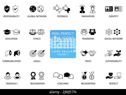 Pixel Perfect Symbolvektor eingestellt. Unternehmenswerte konzeptionelle Sammlung von Symbolen für Geschäftspräsentationen und Websites Stock Vektor
