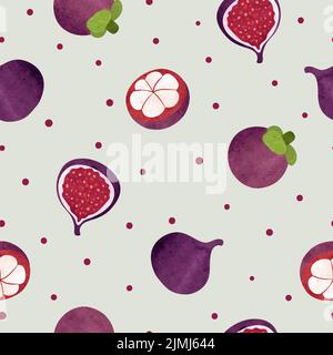 Tropisches Fruchtmuster mit Aquarell-Mangostan und Feige. Hintergrund der Speisen. Stock Vektor