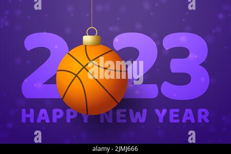 Basketball 2023 Frohes neues Jahr. Sport-Grußkarte mit goldenem Basketballball auf dem luxuriösen Hintergrund. Vektorgrafik. Stock Vektor