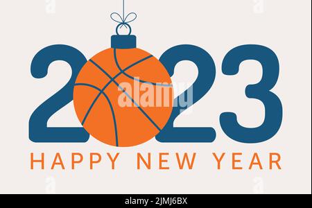 Basketball 2023 Frohes neues Jahr. Sport-Grußkarte mit Basketball-Ball auf dem flachen Hintergrund. Vektorgrafik. Stock Vektor