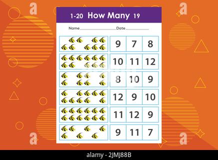 Wie viele Fische Aufgabenarbeitsblatt. Lernspiele für Kinder Stock Vektor