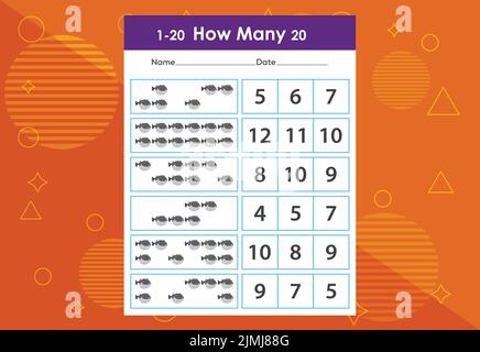 Wie viele Fische Aufgabenarbeitsblatt. Lernspiele für Kinder Stock Vektor