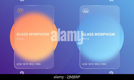 Glas-Morphismus-Effekt. Bankkarten aus transparentem mattiertem Acryl. Orangefarbene gelbe Gradientenkreise auf violett-blauem Hintergrund. Realistischer Glasmorphismus matt Stock Vektor