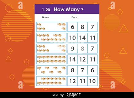 Wie viele Fische Aufgabenarbeitsblatt. Lernspiele für Kinder Stock Vektor