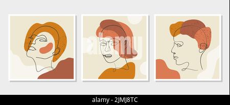 Set von Frauenporträts. Trendige abstrakte eine Linie minimalistischen Frauen Gesichter. Wandkunst. Sammlung von Postern. Stock Vektor