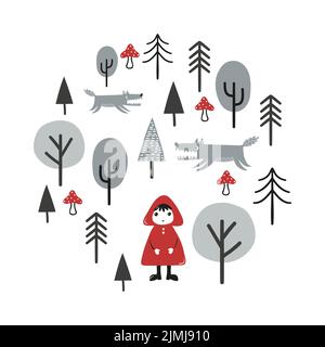 Little Red Riding Hood Märchen Vektor Illustration. Kleines Mädchen und Wolf im Wald. Stock Vektor