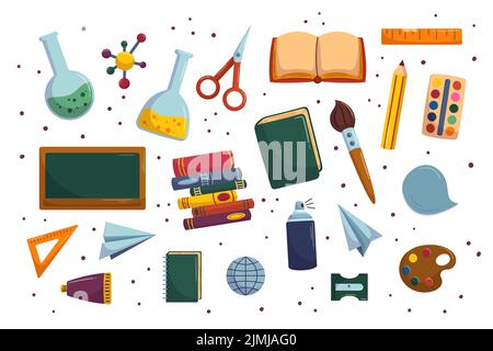 Cartoon-Sammlung mit Schulausrüstung. Zurück zu den Schulmaterialien - Tafel und Bücher, Chemistry Tube. Handgezeichnete Vektorgrafiken. Stock Vektor