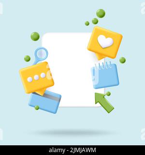 Kommunikationskonzept für soziale Medien. Realistische 3D-Vektor-Illustration. Nachrichtensymbole für digitale soziale Netzwerke sind weiß leer Stock Vektor