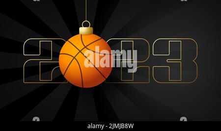 Basketball 2023 Frohes neues Jahr. Sport-Grußkarte mit goldenem Basketballball auf dem luxuriösen Hintergrund. Vektorgrafik. Stock Vektor