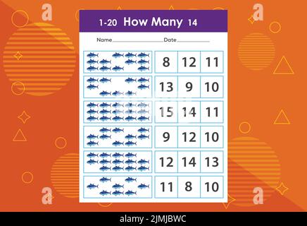 Wie viele Fische Aufgabenarbeitsblatt. Lernspiele für Kinder Stock Vektor