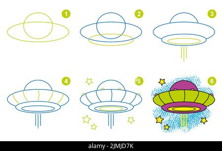 Anweisungen zum Zeichnen von UFO. Schritt für Schritt. Stock Vektor